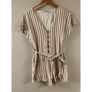 Everly Button Up Tan White Striped Romper Pockets Small GUC